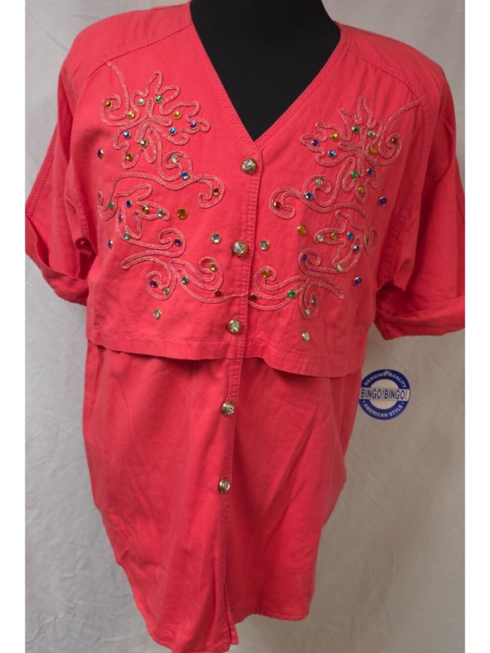 VTG Bingo Bingo Womens (L) Red Embroidered Embellished Western Button Shirt NWT